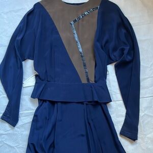 Joanie Char silk and snakeskin blue/taupe vintage top and mid calf skirt sz6